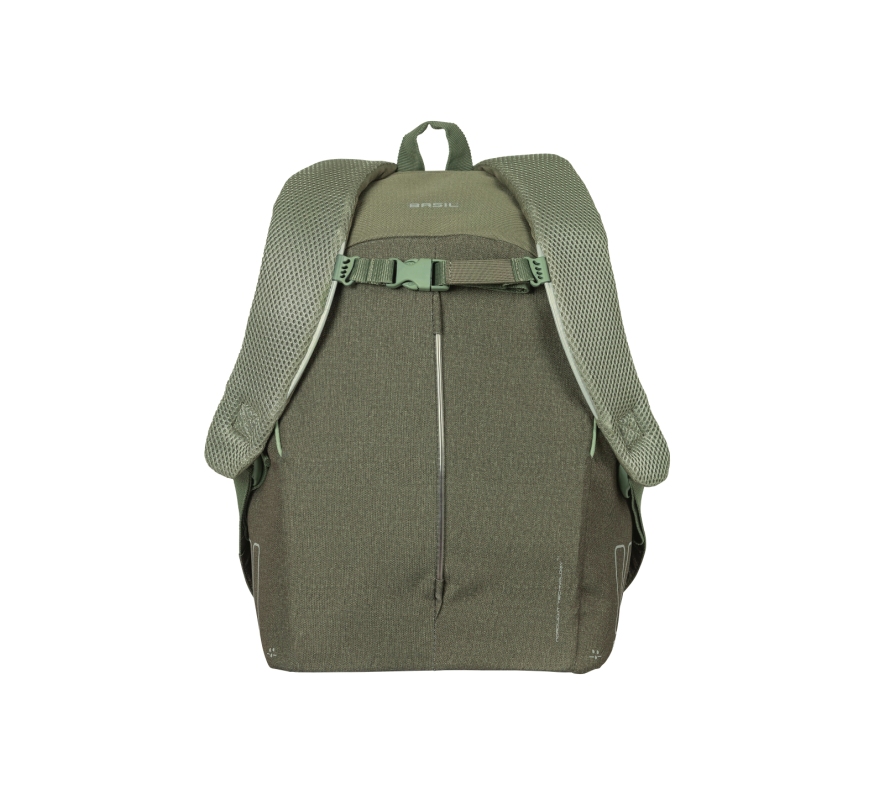 Cykeltaske fra BASIL model B-Safe Commuter  Nordlicht. Farve: Olive, dim. 41x14x32cm, vol. 17 L, Indbygget USB port, LED lys m.m.